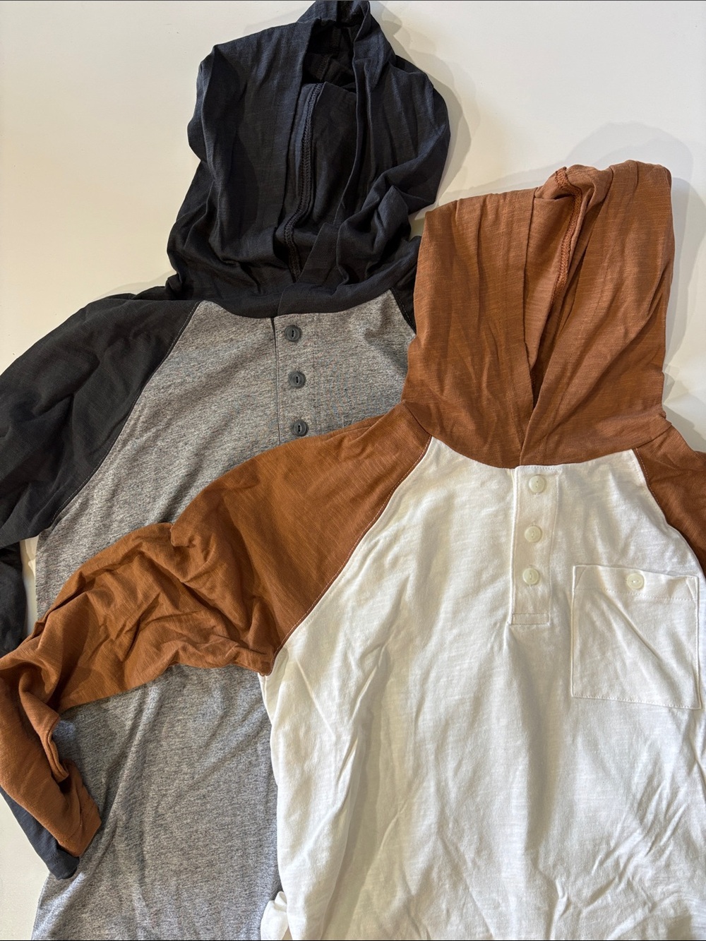 Old Navy Kids' Two-Tone Hooded Henley Tops - White/Brown & Gray/Gray